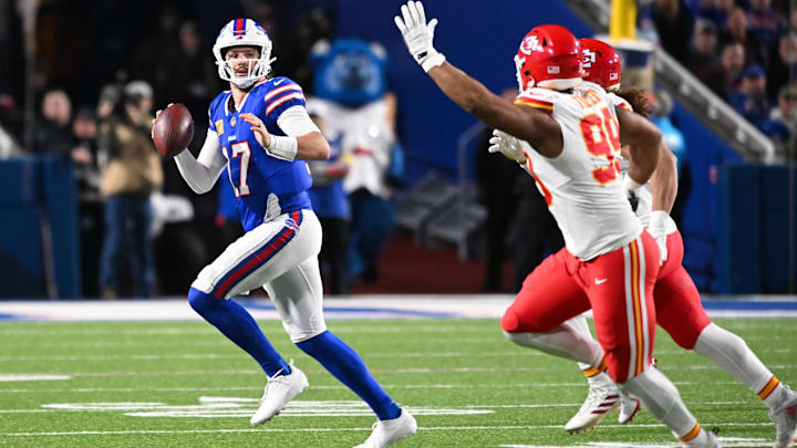 Buffalo Bills quarterback Josh Allen attempted to flop after a short rush against the Kansas City Chiefs.