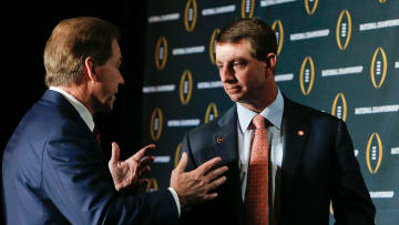 Coach Nick Saban and coach Dabo Swinney meet the media at the JW Marriott Scottsdale Camelback Inn Resort & Spa Sunday, January 10, 2016. Saban and Swinney talk together briefly after the conclusion of the media event. Staff Photo | Gary Cosby Jr.