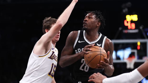 Mar 31, 2024; Brooklyn, New York, USA; Brooklyn Nets forward Dorian Finney-Smith (28) looks  to the basket