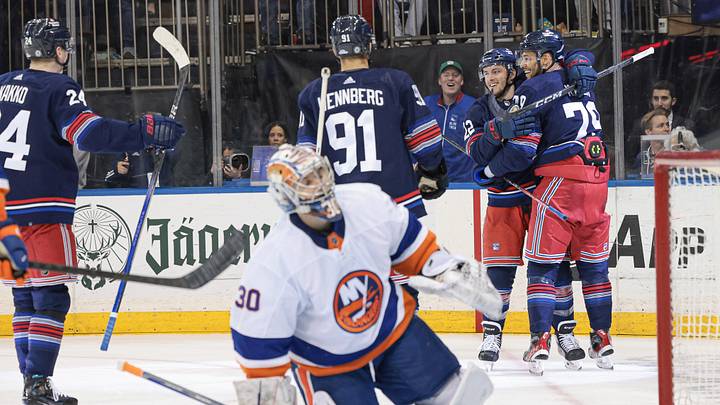 Mar 17, 2024; New York, New York, USA; New York Rangers center Jonny Brodzinski (22) celebrates his