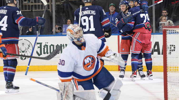 Mar 17, 2024; New York, New York, USA; New York Rangers center Jonny Brodzinski (22) celebrates his