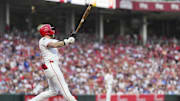 Jul 29, 2025; Cincinnati, Ohio, USA;  Cincinnati Reds outfielder Jake Fraley (27) watches his two-run home run against the Los Angeles Dodgers in the fourth inning at Great American Ball Park. Mandatory Credit: Aaron Doster-Imagn Images