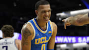 Mar 3, 2025; Evanston, Illinois, USA; UCLA Bruins guard Kobe Johnson (0) reacts to a call by the referee against the Northwestern Wildcats during the second half at Welsh-Ryan Arena. Mandatory Credit: David Banks-Imagn Images