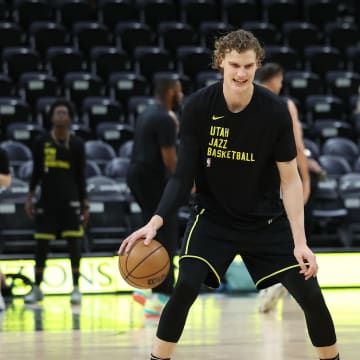 Mar 27, 2024; Salt Lake City, Utah, USA; Utah Jazz forward Lauri Markkanen (23) warms up before a game against the San Antonio Spurs at Delta Center. Mandatory Credit: Rob Gray-USA TODAY Sports