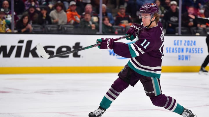 Dec 27, 2023; Anaheim, California, USA; Anaheim Ducks center Trevor Zegras (11) shoots on goal against the Vegas Golden Knights during the third period at Honda Center. Mandatory Credit: Gary A. Vasquez-USA TODAY Sports