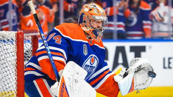 Jun 21, 2024; Edmonton, Alberta, CAN; Edmonton Oilers goaltender Stuart Skinner (74) guards his net during the warmup period against the Florida Panthers in game six of the 2024 Stanley Cup Final at Rogers Place. Mandatory Credit: Sergei Belski-USA TODAY Sports