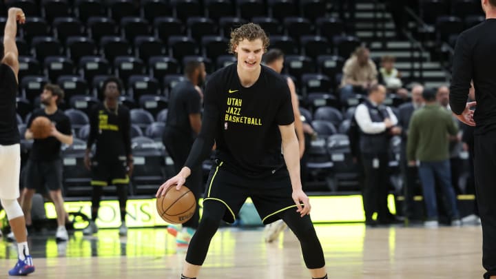 Mar 27, 2024; Salt Lake City, Utah, USA; Utah Jazz forward Lauri Markkanen (23) warms up before a game against the San Antonio Spurs at Delta Center. Mandatory Credit: Rob Gray-USA TODAY Sports