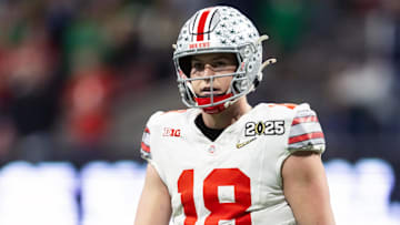 Jan 20, 2025; Atlanta, GA, USA; Ohio State Buckeyes quarterback Will Howard (18) against the Notre Dame Fighting Irish during the CFP National Championship college football game at Mercedes-Benz Stadium. Mandatory Credit: Mark J. Rebilas-Imagn Images