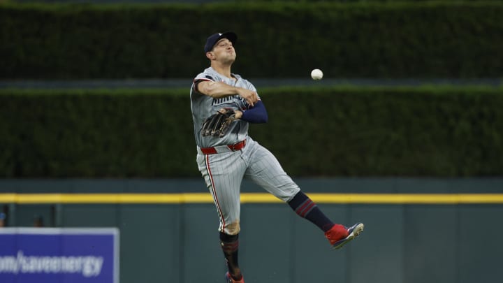 Jul 26, 2024; Detroit, Michigan, USA; Minnesota Twins third baseman Brooks Lee (72) throws to first during the eighth inning of the game against the Detroit Tigers at Comerica Park. Mandatory Credit: Brian Bradshaw Sevald-USA TODAY Sports