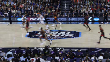 Apr 3, 2023; Houston, TX, USA; A general view of the logo on the court.
