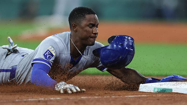 Aug 6, 2025; Boston, Massachusetts, USA; Kansas City Royals center fielder Tyler Tolbert (2) steals third during the eighth inning against the Boston Red Sox at Fenway Park. Mandatory Credit: Paul Rutherford-Imagn Images