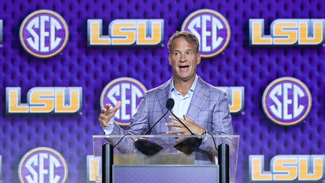 Jul 23, 2026; Tampa, FL, USA; LSU Tigers head coach Lane Kiffin speaks to the press during SEC Football Kickoff Media Day at the Tampa Marriott. Mandatory Credit: Nathan Ray Seebeck-Imagn Images