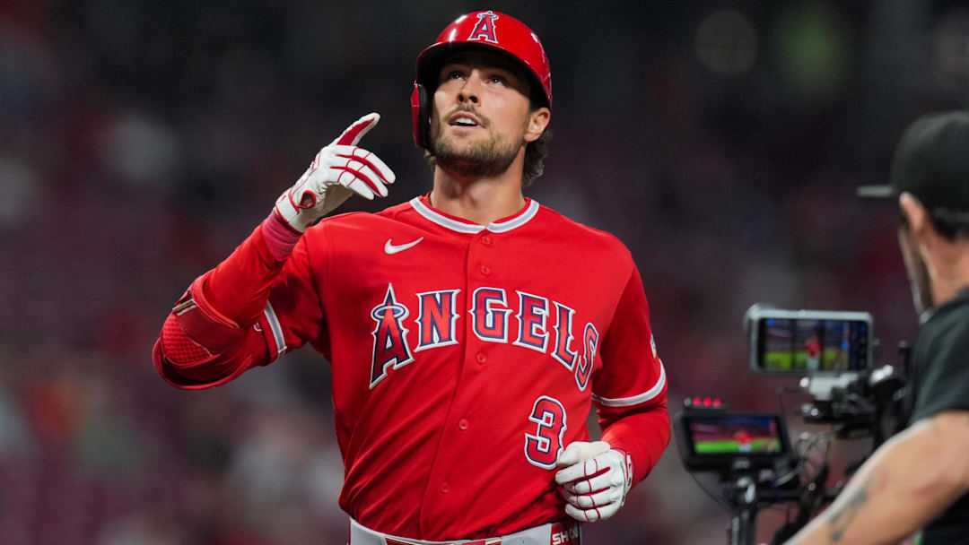 Apr 10, 2026; Cincinnati, Ohio, USA;  Los Angeles Angels outfielder Josh Lowe (3) gestures after hitting a solo home run against the Cincinnati Reds in the sixth inning at Great American Ball Park. Mandatory Credit: Aaron Doster-Imagn Images