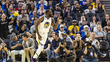 Oct 8, 2025; San Francisco, California, USA;  Golden State Warriors forward Draymond Green (23) reacts after scoring against the Portland Trail Blazers during the second quarter at Chase Center. Mandatory Credit: John Hefti-Imagn Images