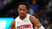 Dec 28, 2024; Denver, Colorado, USA; Detroit Pistons forward Ronald Holland II (00) dribbles up court in the second half against the Denver Nuggets at Ball Arena. Mandatory Credit: Ron Chenoy-Imagn Images