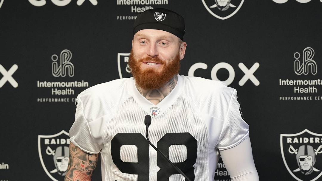 Jun 3, 2026; Henderson, NV, USA; Las Vegas Raiders defensive end Maxx Crosby (98) speaks during a news conference during organized team activities at Intermountain Health Performance Center. Mandatory Credit: Candice Ward-Imagn Images