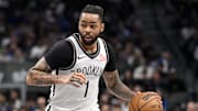Mar 31, 2025; Dallas, Texas, USA; Brooklyn Nets guard D'Angelo Russell (1) in action during the game between the Dallas Mavericks and the Brooklyn Nets at the American Airlines Center. Mandatory Credit: Jerome Miron-Imagn Images