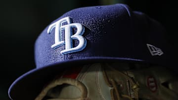 Apr 3, 2023; Washington, District of Columbia, USA; A general view of a Tampa Bay Rays hat and glove during the seventh inning of the game against the Washington Nationals at Nationals Park. 