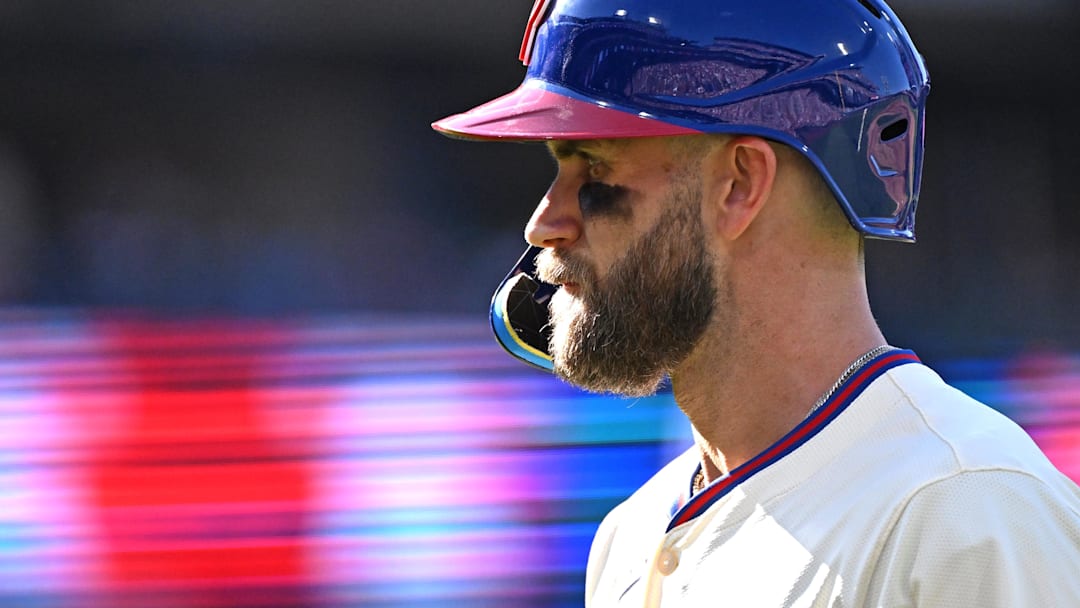 Sep 28, 2025; Philadelphia, Pennsylvania, USA; Philadelphia Phillies first base Bryce Harper (3) during the fourth inning against the Minnesota Twins at Citizens Bank Park. Mandatory Credit: Eric Hartline-Imagn Images Sep 28, 2025; Philadelphia, Pennsylvania, USA; Philadelphia Phillies first base Bryce Harper (3) during the fourth inning against the Minnesota Twins at Citizens Bank Park. Mandatory Credit: Eric Hartline-Imagn Images
