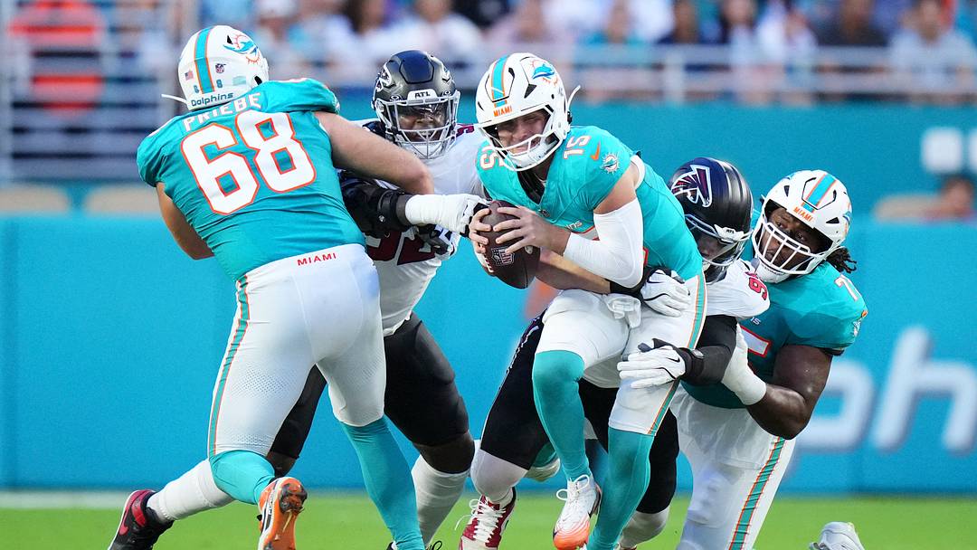 Aug 28, 2026; Miami Gardens, Florida, USA;  Atlanta Falcons defensive lineman Cameron Thomas (99) sacks Miami Dolphins quarterback Cam Miller (15) first quarter of a pre season game at Hard Rock Stadium.  Mandatory Credit: Rich Storry-Imagn Images