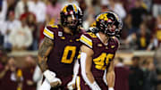 Oct 17, 2025; Minneapolis, Minnesota, USA; Minnesota Golden Gophers linebacker Matt Kingsbury (49) celebrates during the second half against the Nebraska Cornhuskers at Huntington Bank Stadium. Mandatory Credit: Matt Krohn-Imagn Images