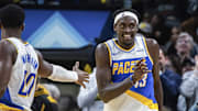 Dec 8, 2025; Indianapolis, Indiana, USA; Indiana Pacers forward Pascal Siakam (43)celebrates a made basket  in the second half against the Sacramento Kings at Gainbridge Fieldhouse. Mandatory Credit: Trevor Ruszkowski-Imagn Images