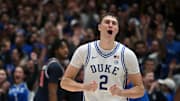 Dec 4, 2024; Durham, North Carolina, USA; Duke Blue Devils forward Cooper Flagg (2) reacts at the end of a game against the Auburn Tigers at Cameron Indoor Stadium.  The Blue Devils won 84-78.   Mandatory Credit: Rob Kinnan-Imagn Images