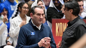 Feb 1, 2025; Durham, North Carolina, USA;  Duke basketball former head coach coach Mike Krzyzewski before a game against the North Carolina Tar Heels at Cameron Indoor Stadium.