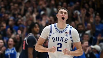 Dec 4, 2024; Durham, North Carolina, USA; Duke Blue Devils forward Cooper Flagg (2) reacts at the end of a game against the Auburn Tigers at Cameron Indoor Stadium.  The Blue Devils won 84-78.   Mandatory Credit: Rob Kinnan-Imagn Images