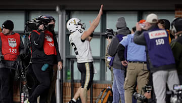Vanderbilt quarterback Diego Pavia (2) celebrates after scoring a touchdown against Tennessee during the fourth quarter at Neyland Stadium in Knoxville, Tenn., Saturday, Nov. 29, 2025.