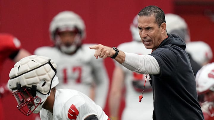 Wisconsin head coach Luke Fickell is shown during spring football practice Thursday, April 25, 2024 in Madison, Wisconsin. The Wisconsin Badgers football team plays their season opener against Western Michigan on August 31.