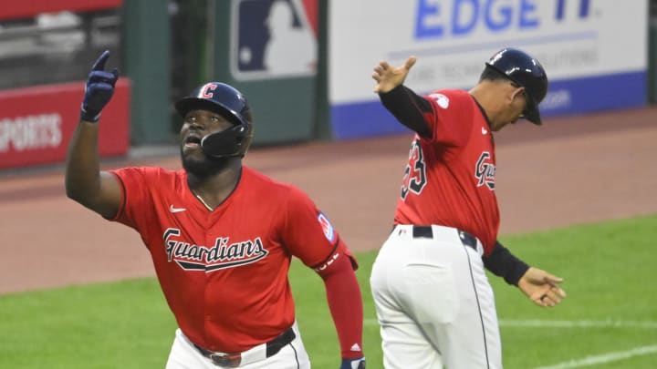 Aug 24, 2024; Cleveland, Ohio, USA; Cleveland Guardians right fielder Jhonkensy Noel (43) celebrates his two-run home run in the third inning against the Texas Rangers at Progressive Field. Mandatory Credit: David Richard-USA TODAY Sports