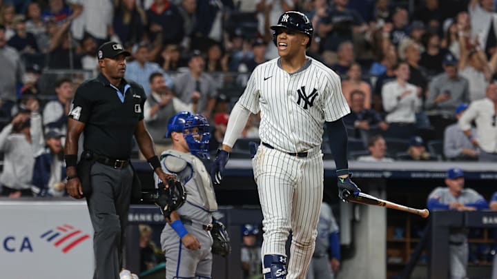 Sep 11, 2024; Bronx, New York, USA; New York Yankees right fielder Juan Soto (22) reacts after his two run home run during the sixth inning against the Kansas City Royals at Yankee Stadium. Mandatory Credit: Vincent Carchietta-Imagn Images