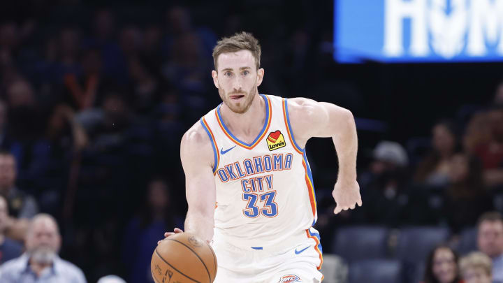 Feb 23, 2024; Oklahoma City, Oklahoma, USA; Oklahoma City Thunder forward Gordon Hayward (33) dribbles the ball down the court against the Washington Wizards during the second half at Paycom Center. Mandatory Credit: Alonzo Adams-USA TODAY Sports