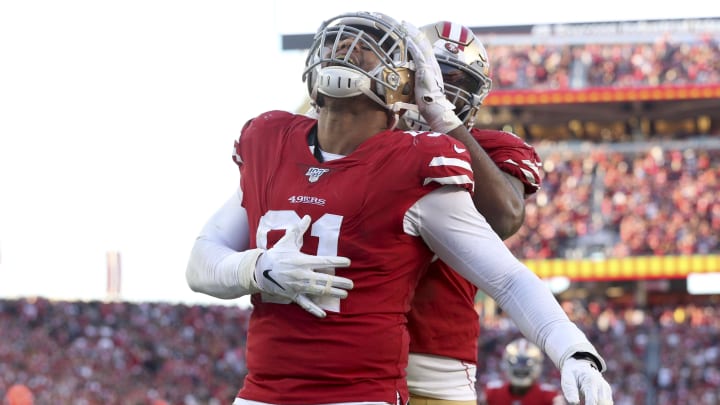 Nov 17, 2019; Santa Clara, CA, USA; San Francisco 49ers defensive end Arik Armstead (91) celebrates with defensive tackle DeForest Buckner (99) after the 49ers recorded a sack against the Arizona Cardinals in the fourth quarter at Levi's Stadium. Mandatory Credit: Cary Edmondson-USA TODAY Sports