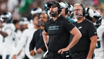 Aug 22, 2025; East Rutherford, New Jersey, USA;  Philadelphia Eagles head coach Nick Sirianni looks on during the second half against the New York Jets at MetLife Stadium. Mandatory Credit: Vincent Carchietta-Imagn Images