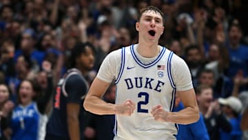 Dec 4, 2024; Durham, North Carolina, USA; Duke Blue Devils forward Cooper Flagg (2) reacts at the end of a game against the Auburn Tigers at Cameron Indoor Stadium.  The Blue Devils won 84-78.   Mandatory Credit: Rob Kinnan-Imagn Images