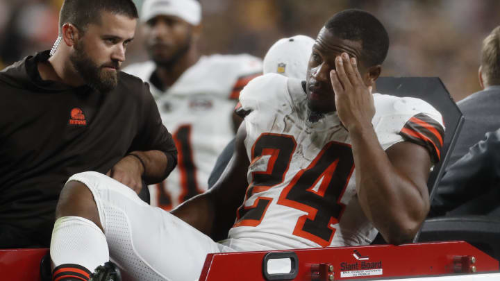 Sep 18, 2023; Pittsburgh, Pennsylvania, USA;  Cleveland Browns running back Nick Chubb (24) is taken from the field on a cart after suffering an apparent injury against the Pittsburgh Steelers during the second quarter at Acrisure Stadium. Mandatory Credit: Charles LeClaire-USA TODAY Sports