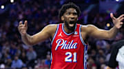 Nov 12, 2024; Philadelphia, Pennsylvania, USA; Philadelphia 76ers center Joel Embiid (21) reacts to a play against the New York Knicks during the third quarter at Wells Fargo Center. Mandatory Credit: Bill Streicher-Imagn Images