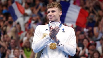 Léon Marchand at the 2024 Paris Olympics.