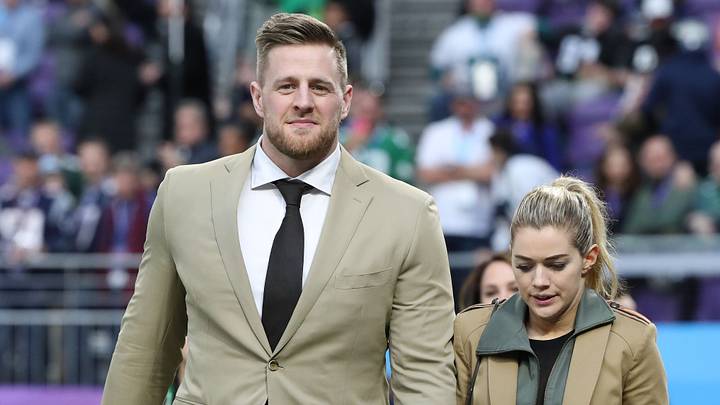 Feb 4, 2018; Minneapolis, MN, USA; Houston Texans defensive end J.J. Watt and girlfriend Kealia Ohai look on prior to Super Bowl LII between the New England Patriots and the Philadelphia Eagles at U.S. Bank Stadium. Mandatory Credit: Kirt Dozier-USA TODAY Sports