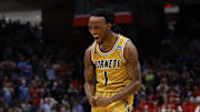 Mar 18, 2025; Dayton, OH, USA; Alabama State Hornets guard Amarr Knox (1) celebrates in the second half against the St. Francis (Pa) Red Flash at UD Arena. Mandatory Credit: Rick Osentoski-Imagn Images