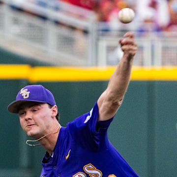 LSU Tigers starting pitcher Kade Anderson (32) pitches against the Arkansas Razorbacks during the seventh inning at Charles Schwab Field on June 14. 