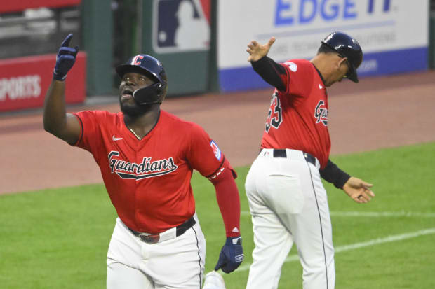 Jhonkensy Noel celebrates a home run 