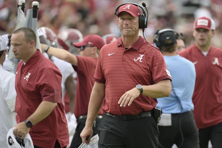 Alabama Crimson Tide head coach Kalen DeBoer looks on against the Florida State Seminoles. 