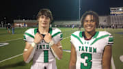 Tatum seniors Luke Sigler (1) and JaCorie Bradley (3) helped the Eagles to a 34-14 win against Daingerfield on Sept. 5, 2024.