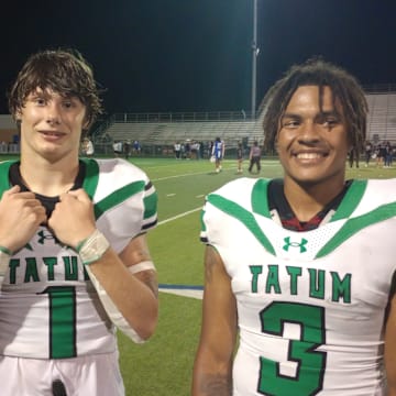 Tatum seniors Luke Sigler (1) and JaCorie Bradley (3) helped the Eagles to a 34-14 win against Daingerfield on Sept. 5, 2024.