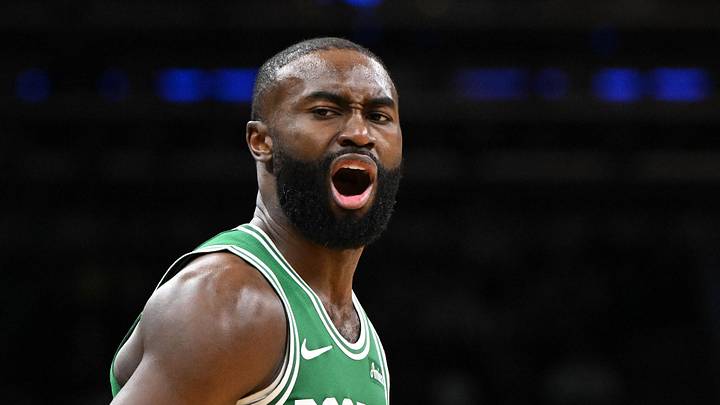 Dec 2, 2025; Boston, Massachusetts, USA; Boston Celtics guard Jaylen Brown (7) reacts after scoring against the New York Knicks during the second half at the TD Garden. Mandatory Credit: Brian Fluharty-Imagn Images