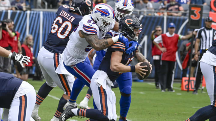 Bears backup QB Tyson Bagent is sacked in last year's preseason game between the Bears and Bills.