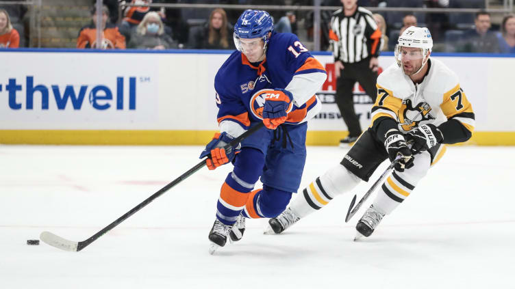 Feb 17, 2023; Elmont, New York, USA;  New York Islanders center Mathew Barzal (13) and Pittsburgh